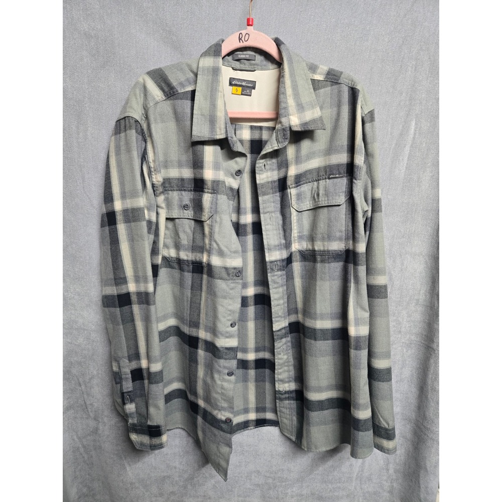 Eddie Bauer Mens Classic Fit Plaid Button Down Shirt Grey Black XL Long Sleeve